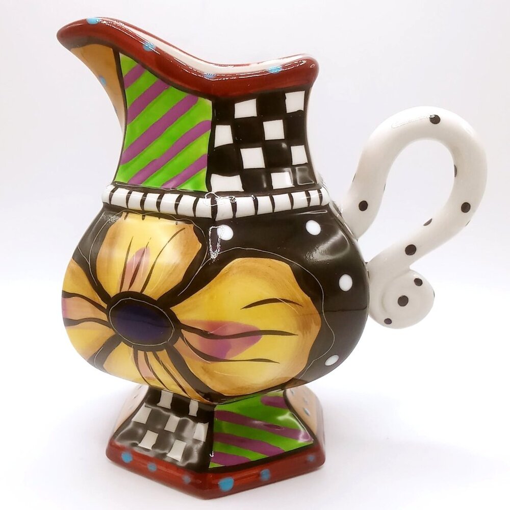 Studio Designworks Ceramic Creamer Pitcher Hand Painted Flower Pattern 5.25" H